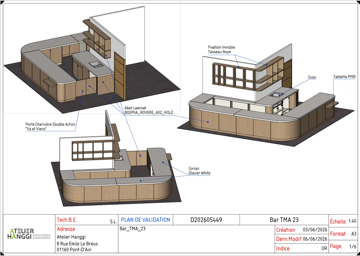 Plan de validation et vues d’un agencement réalisé dans TopSolid’Wood